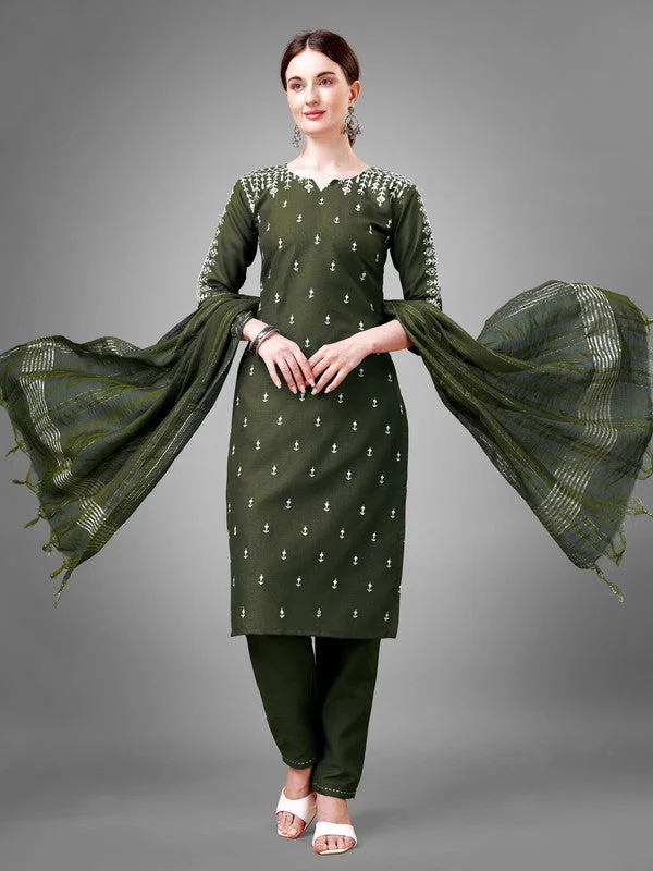 NOZ2TOZ Women Embroidered Cotton Blend Kurta Pant Dupatta Set - Dark Green Lightweight Linen Pants NOZ2TOZ Women Embroidered Cotton Blend Kurta Pant Dupatta Set - Dark Green Lightweight Linen Pants