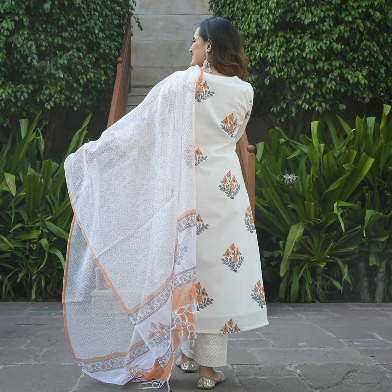 NOZ2TOZ Women White Cotton Floral Printed Kurta Pant & Dupatta Set Cozy Jogger Leggings