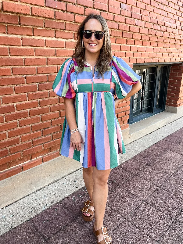 Striped Bubble Sleeve Babydoll Mini Dress- Denim Plum Chic Mini Dress with V-Neck