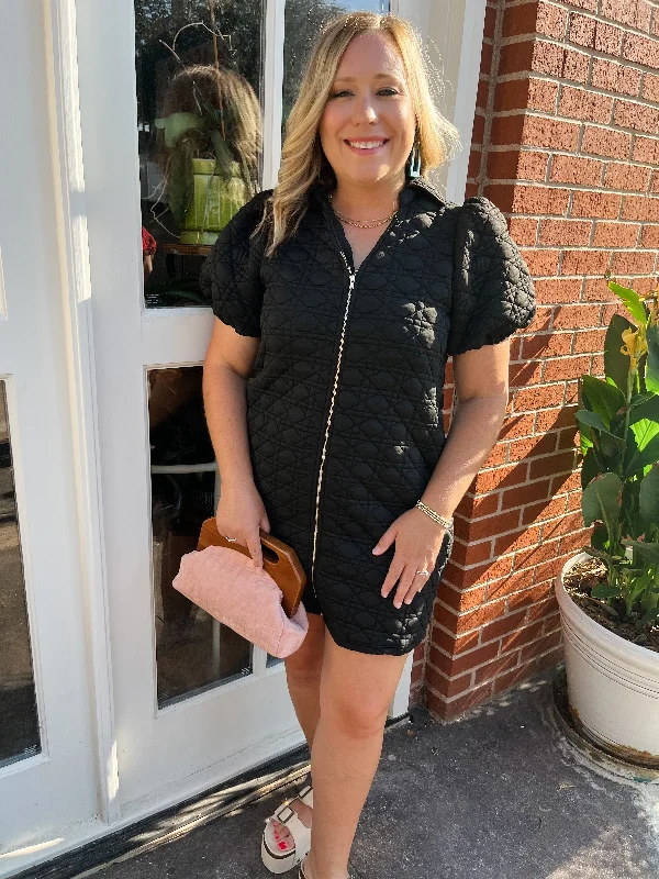 Quilted Zip-Up Mini Dress- Black Comfortable Casual Mini Dress