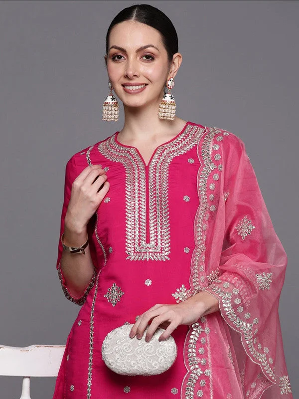 NOZ2TOZ Women's Viscose Embroidered Straight Kurta Pant With Dupatta - Pink Comfortable Jogger Trousers NOZ2TOZ Women's Viscose Embroidered Straight Kurta Pant With Dupatta - Pink Comfortable Jogger Trousers