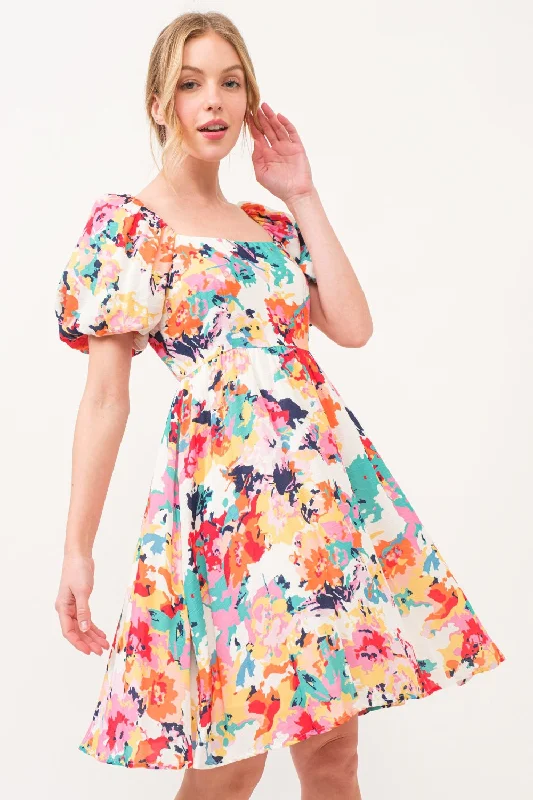 Blue Zone Planet | And The Why Square Neck Puff Sleeve Floral Dress Tunics Satin smooth Blue Zone Planet | And The Why Square Neck Puff Sleeve Floral Dress Tunics Satin smooth