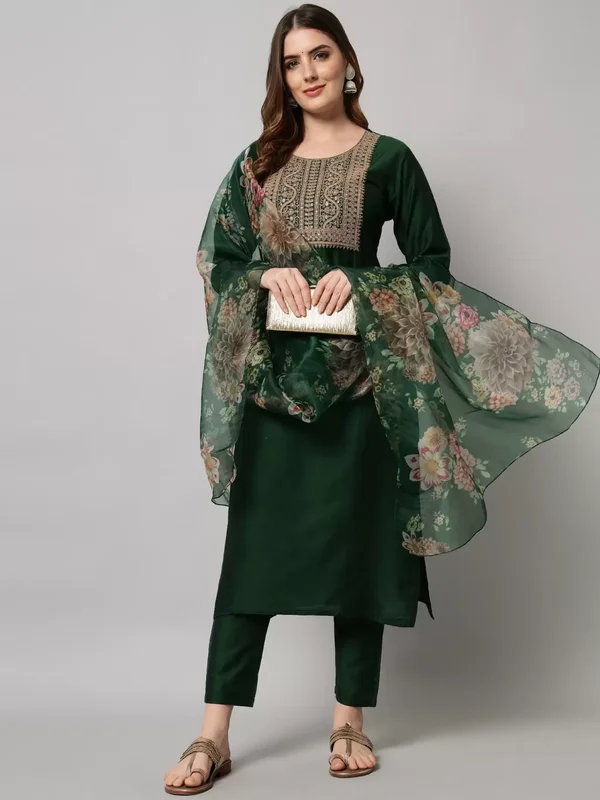 NOZ2TOZ Womens Dark Green Cotton Silk Embroidery Kurta Pant Set With Dupatta Trendy Palazzo Pants NOZ2TOZ Womens Dark Green Cotton Silk Embroidery Kurta Pant Set With Dupatta Trendy Palazzo Pants