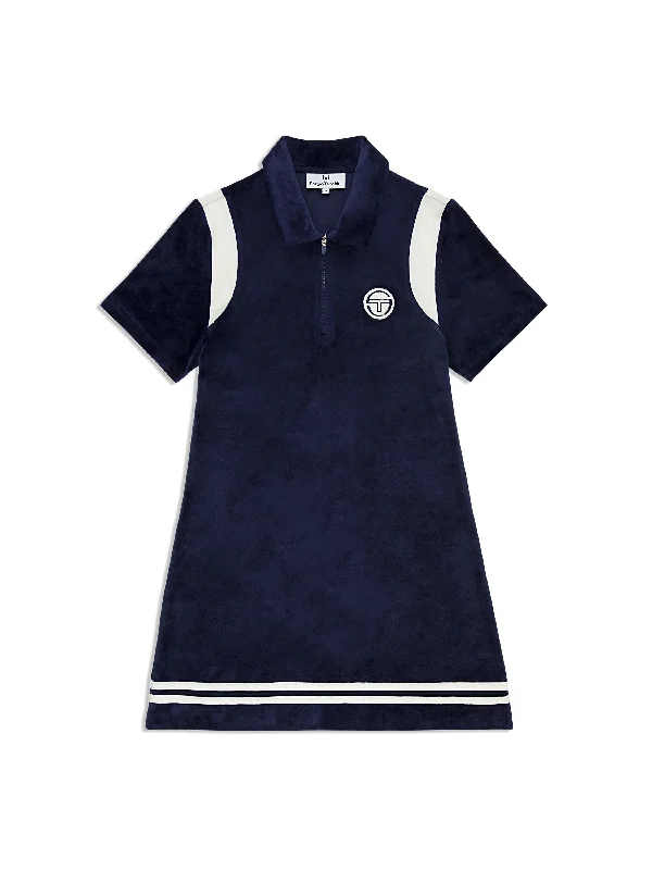 Veneto Velour Polo Mini Dress- Maritime Blue Casual V-Neck Mini Dress