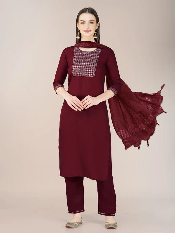 NOZ2TOZ Womens Embroidered Maroon Cotton Blend Kurta Pant Set Formal Slim Pants