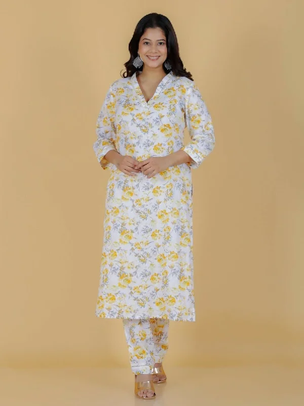 Aramya Yellow Soft Cotton Floral Print Straight Kurta Pant Set for Women Warm Wool Trousers Aramya Yellow Soft Cotton Floral Print Straight Kurta Pant Set for Women Warm Wool Trousers