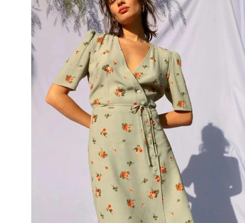 Wjczt waist Elegant Ladies Dress French Style Robe Summer Women green Floral Print Wrap mini Dress Short Sleeve Chic Mini Dress with V-Neck Wjczt waist Elegant Ladies Dress French Style Robe Summer Women green Floral Print Wrap mini Dress Short Sleeve Chic Mini Dress with V-Neck