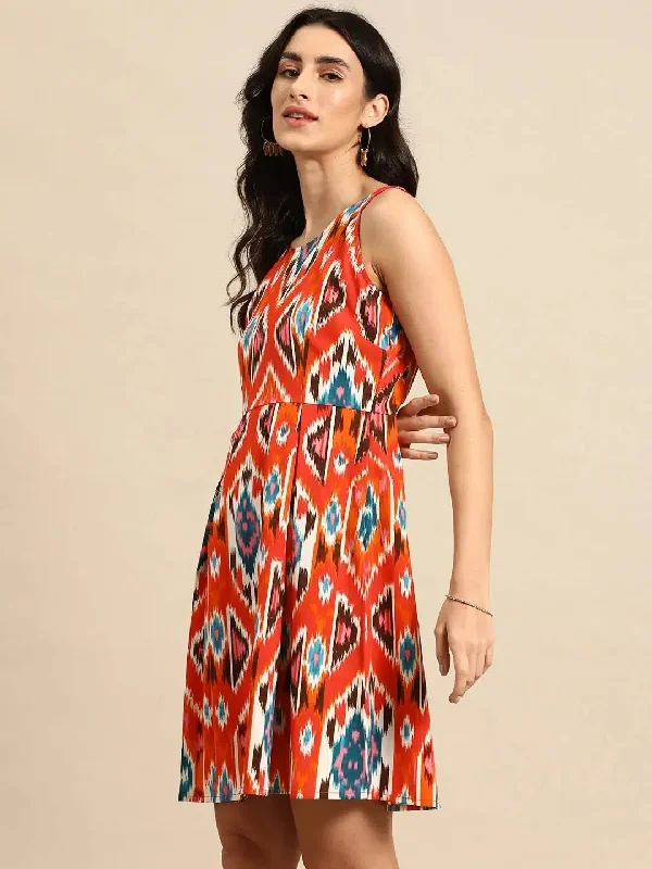 Box Pleated Mini Dress in Red Ikkat Print Classic Solid Mini Dress
