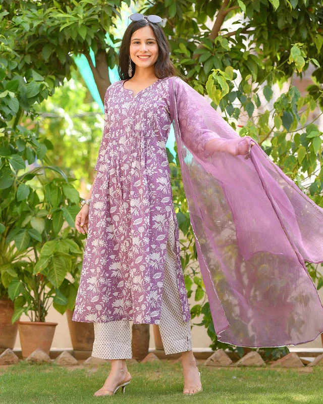 NOZ2TOZ Womens Purple Cotton Kurta Pant Set With Dupatta Comfortable Cargo Pants
