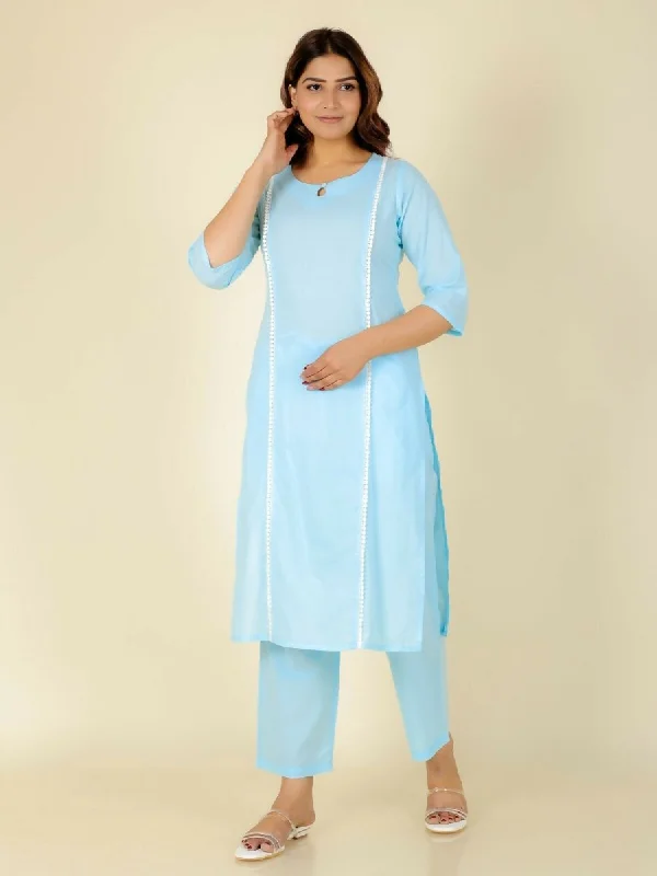 Aramya Blue Soft Cotton Solid Print Panelled Kurta Pant Set for Women Relaxed Lounge Trousers Aramya Blue Soft Cotton Solid Print Panelled Kurta Pant Set for Women Relaxed Lounge Trousers