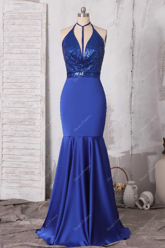 Royal Blue Sequin Satin Halter Cowl Neck Modern Unique Mermaid Dress Tunics Lace romantic Royal Blue Sequin Satin Halter Cowl Neck Modern Unique Mermaid Dress Tunics Lace romantic