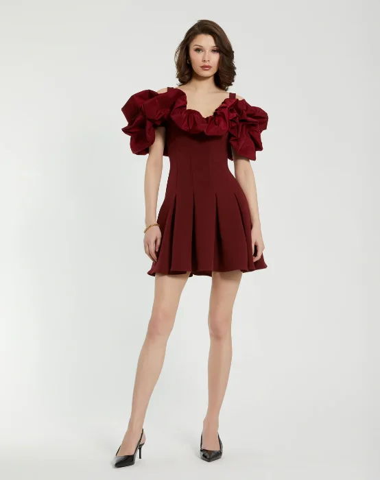 Crepe Godet Hem Mini Dress w/ Faille Ruffle Comfortable Fit-and-Flare Mini Dress