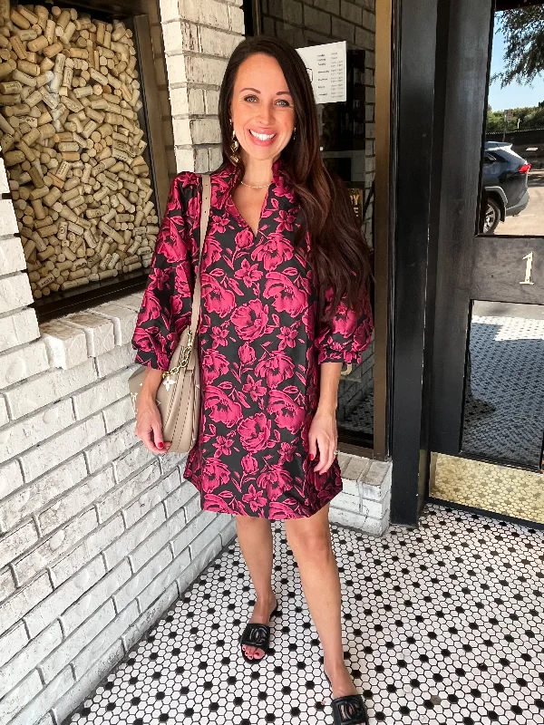Floral Print V-Neck Mini Dress- Fuchsia Stylish Ruffle Mini Dress