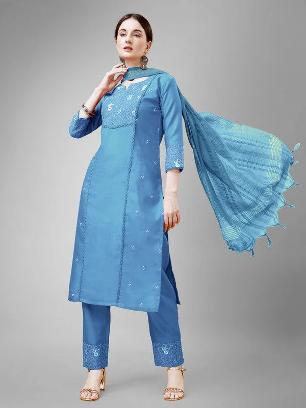 NOZ2TOZ Women Embroidered Cotton Blend Kurta Pant Dupatta Set - Sky Blue Trendy Wide-Leg Pants NOZ2TOZ Women Embroidered Cotton Blend Kurta Pant Dupatta Set - Sky Blue Trendy Wide-Leg Pants