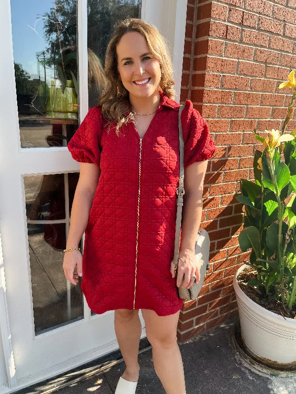 Quilted Zip-Up Mini Dress- Crimson Modern Satin Mini Dress