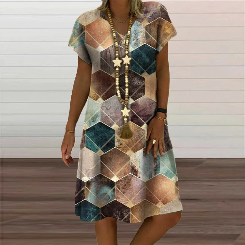 Wjczt Plaid Geometric Graphic Mini Dresses for Women's Clothing 2021 Summer New Casual Loose Short Sleeve V-Neck Beach Sundress Ladies Fashionable Party Mini Dress