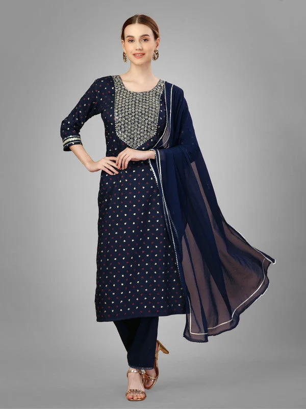 NOZ2TOZ Women Embroidered Silk Blend Kurta Pant Dupatta Set - Navy Blue Trendy Printed Leggings NOZ2TOZ Women Embroidered Silk Blend Kurta Pant Dupatta Set - Navy Blue Trendy Printed Leggings