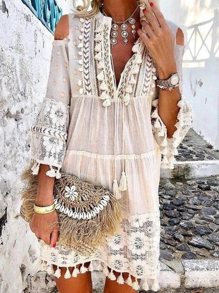 Wjczt New Spring Embroidery Crochet Lace Boho Dress Women Elegant Off Shoulder Tassel Ruffle Mini Dress Summer V Neck Lady Beach Dress Fashionable Mini Dress with Slits Wjczt New Spring Embroidery Crochet Lace Boho Dress Women Elegant Off Shoulder Tassel Ruffle Mini Dress Summer V Neck Lady Beach Dress Fashionable Mini Dress with Slits