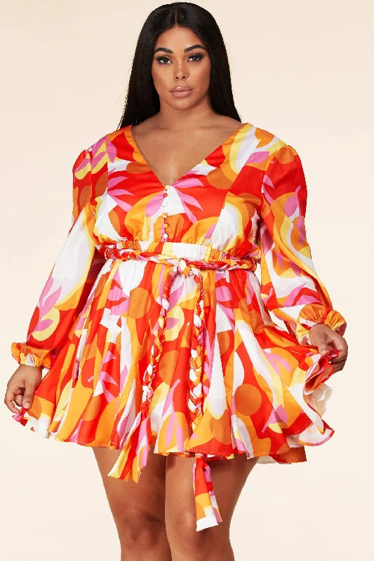 Geo Print Mini Dress- Plus Comfortable Smocked Mini Dress