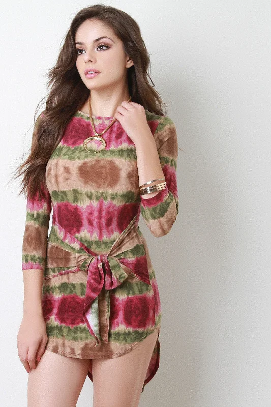 Self Tie Bow Tie Dye Quarter Sleeves Mini Dress Fashionable Lace-Trim Mini Dress