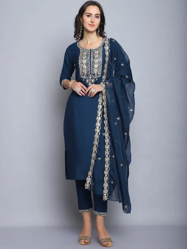 Indian Fashion Women Navy Blue Embroidery silk Kurta And Pant Set With Dupatta Modern Bootcut Pants Indian Fashion Women Navy Blue Embroidery silk Kurta And Pant Set With Dupatta Modern Bootcut Pants