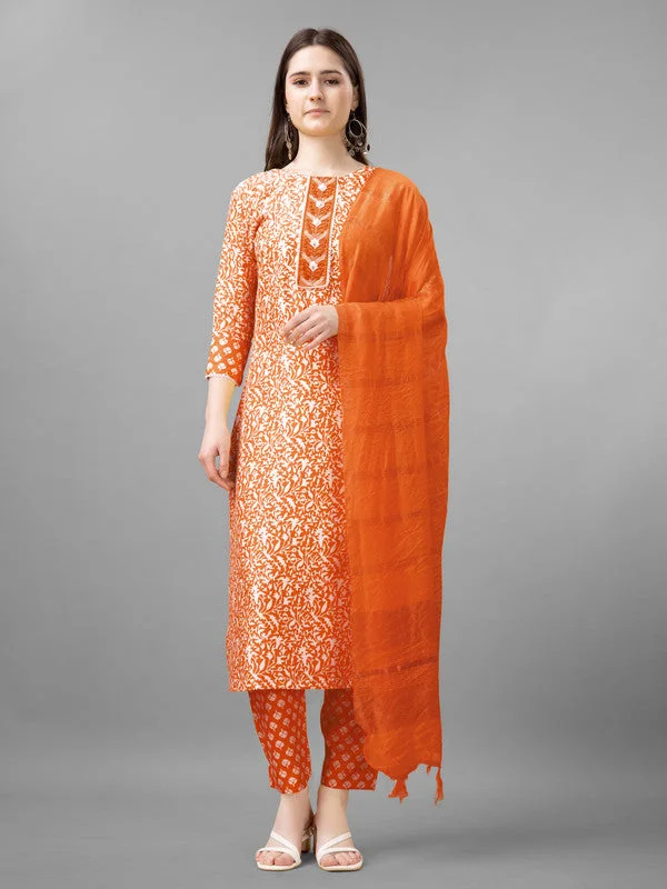 NOZ2TOZ Women Embroidered Rayon Kurta Pant Dupatta Set - Orange Cozy Fitted Pants
