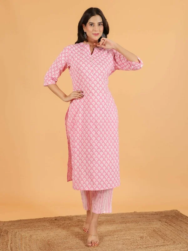 Aramya Pink Soft Cotton Floral Print Straight Kurta Pant Set for Women Classic Bootcut Trousers Aramya Pink Soft Cotton Floral Print Straight Kurta Pant Set for Women Classic Bootcut Trousers