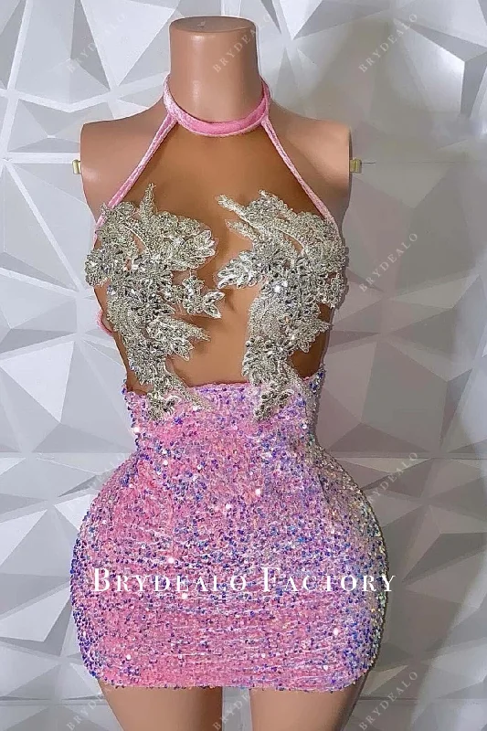 Sparkly Rhinestones Halter Pink Sequined Mini Dress Elegant Mini Dress with Pleats