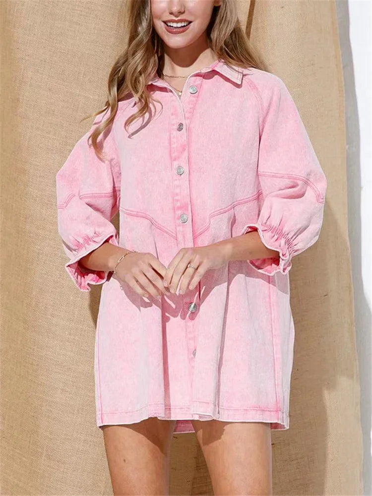 Wjczt Woman Sweet Pink Loose Denim Short Dress 2023 Summer Female Solid Single Breasted Mini Dress Casual Three-quarter Sleeve Dresses Elegant Mini Dress with Ruffles Wjczt Woman Sweet Pink Loose Denim Short Dress 2023 Summer Female Solid Single Breasted Mini Dress Casual Three-quarter Sleeve Dresses Elegant Mini Dress with Ruffles