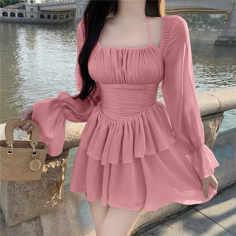 Wjczt Sweet Pink Dress French Women Halter Folds Strapless Ruffled Holiday Dress Summer New Long Sleeve Fashion Pleated Mini Dress Trendy A-Line Mini Dress Wjczt Sweet Pink Dress French Women Halter Folds Strapless Ruffled Holiday Dress Summer New Long Sleeve Fashion Pleated Mini Dress Trendy A-Line Mini Dress