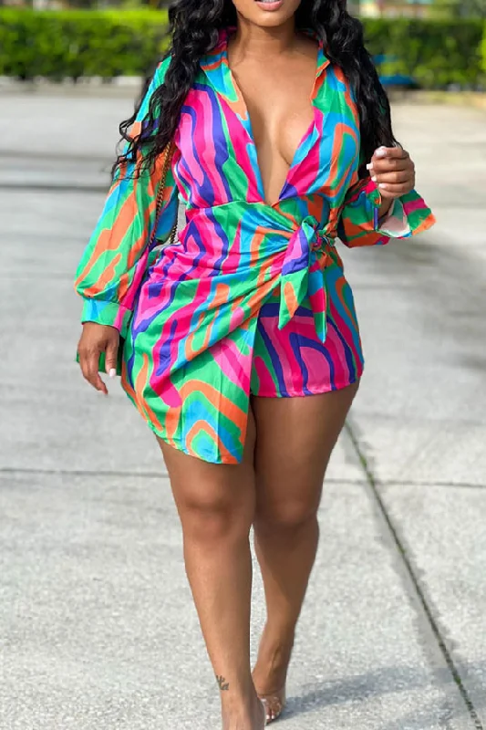 Abstract Print Cool Lace-Up Mini Dress Comfortable Fit-and-Flare Mini Dress