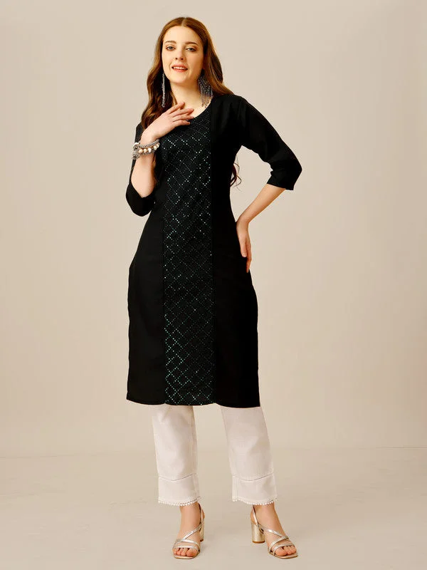 NOZ2TOZ Women Embroidered Cotton Blend Kurta Pant Set - Black Formal Linen Trousers