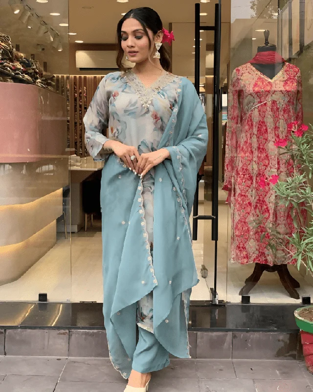 Aastha Fashion Women's Printed Muslin Grey Blue Kurti With Pant And Dupatta By Srf Jaipur Chic Capri Pants Aastha Fashion Women's Printed Muslin Grey Blue Kurti With Pant And Dupatta By Srf Jaipur Chic Capri Pants
