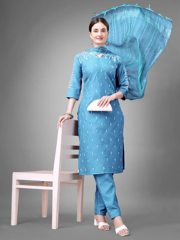 NOZ2TOZ Women Embroidered Cotton Blend Kurta Pant Dupatta Set - Sky Blue Modern Bootcut Pants NOZ2TOZ Women Embroidered Cotton Blend Kurta Pant Dupatta Set - Sky Blue Modern Bootcut Pants