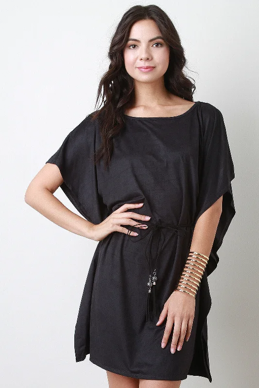 Casual Suede Belted Poncho Mini Dress Classic Floral Print Mini Dress