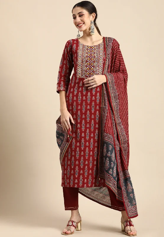 Indian Fashion Women Viscose Red Kurta And Pant Set With Dupatta Trendy Work Pants