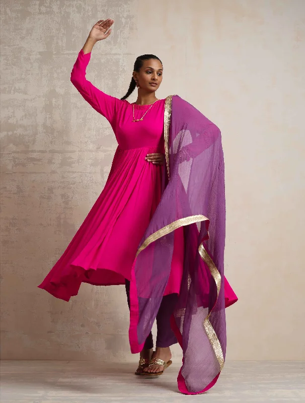 trueBrowns Pink Crinkle Anarkali Kurta Pant Dupatta Set Chic Capri Pants