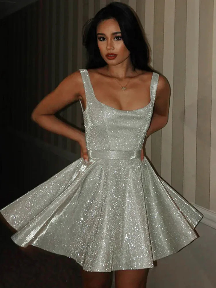Wjczt Glitter Sparkle Silver Sexy Mini Dress For Women Square Collar Sleeveless Backless A-line Club Party Sexy Dress Elegant Cozy Ruched Mini Dress Wjczt Glitter Sparkle Silver Sexy Mini Dress For Women Square Collar Sleeveless Backless A-line Club Party Sexy Dress Elegant Cozy Ruched Mini Dress