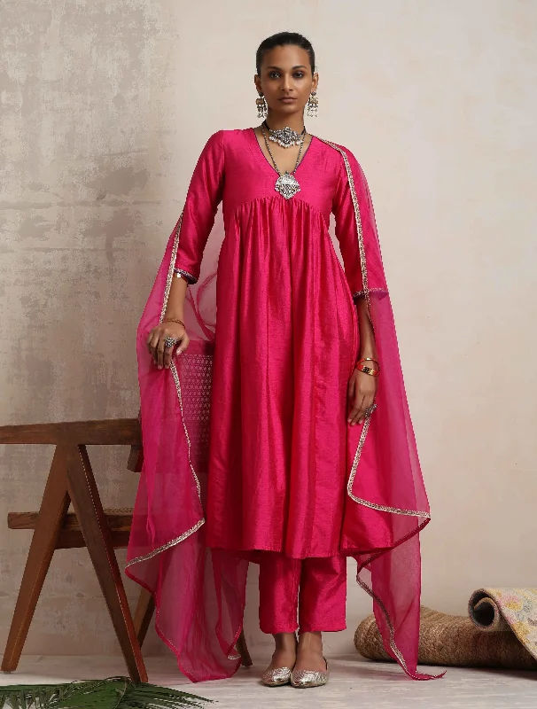 trueBrowns Pink Silk Anarkali Kurta Pant Dupatta Set Stylish Casual Pants