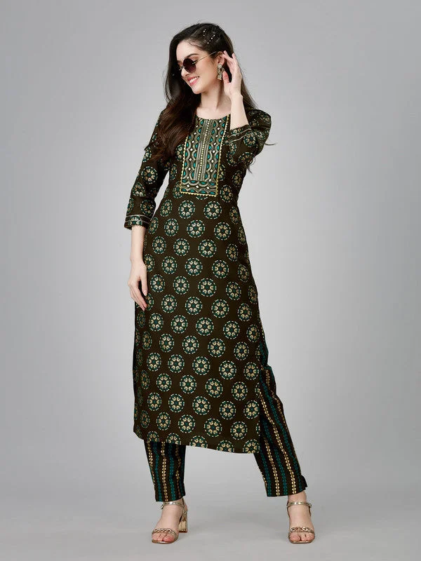 NOZ2TOZ Women Embroidered Rayon Kurta Pant Set - Brown Classic Bootcut Trousers