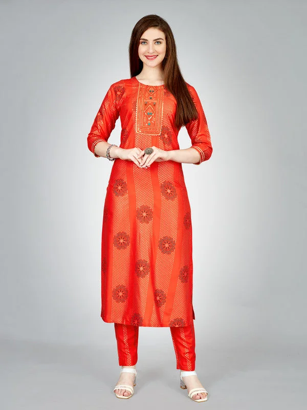 NOZ2TOZ Women Embroidered Rayon Kurta Pant Set - Orange High-Waist Jogger Pants