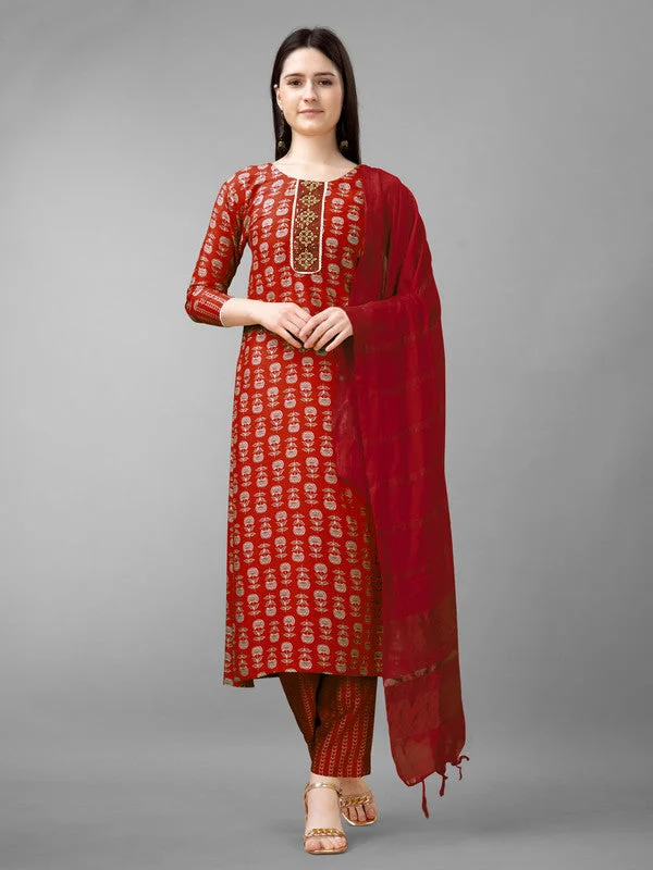 NOZ2TOZ Women Embroidered Rayon Kurta Pant Dupatta Set - Maroon Trendy Work Pants