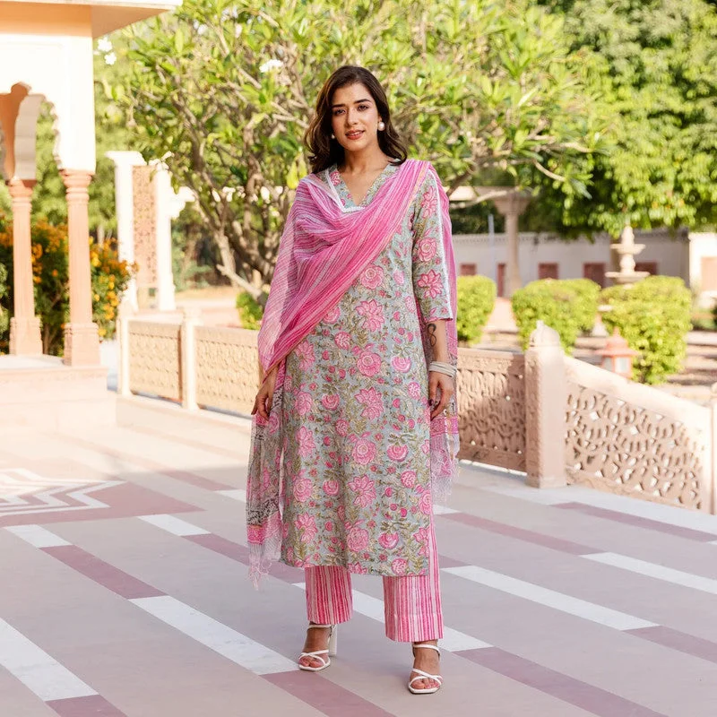 NOZ2TOZ Womens Pink Cotton Floral Printed Kurta And Pant Set With Dupatta High-Waist Jeans NOZ2TOZ Womens Pink Cotton Floral Printed Kurta And Pant Set With Dupatta High-Waist Jeans