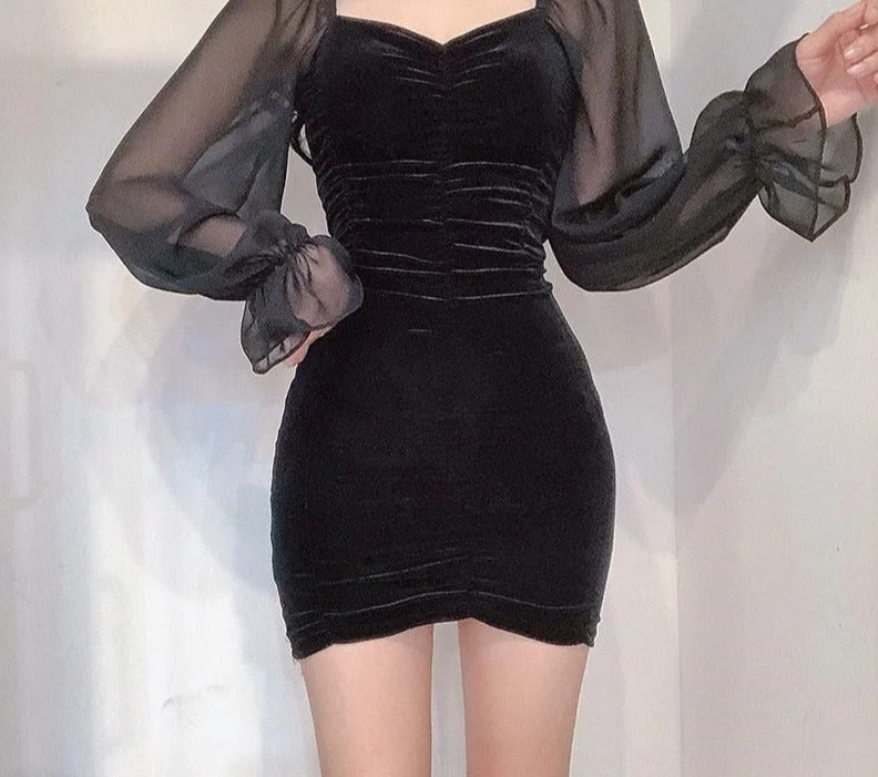 Wjczt Gothic Black Women V-Neck Splice Mesh Long Sleeve Folds Slim Mini Dress 2020 Spring Goth Female Dark Puff Sleeve Bodycon Dresses Elegant Vintage Mini Dress Wjczt Gothic Black Women V-Neck Splice Mesh Long Sleeve Folds Slim Mini Dress 2020 Spring Goth Female Dark Puff Sleeve Bodycon Dresses Elegant Vintage Mini Dress