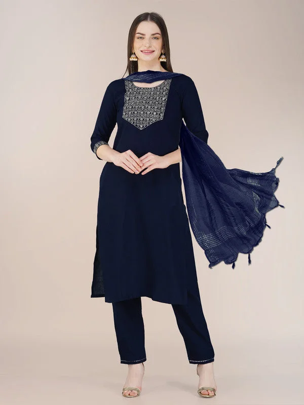 NOZ2TOZ Womens Embroidered Navy Cotton Blend Kurta Pant Set Chic Wool Trousers