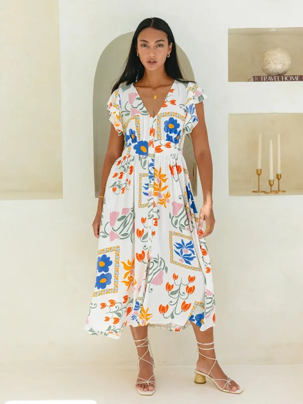 Blue Zone Planet |  Nina's Floral Print Single Breasted Dress Tunics Fall fleece