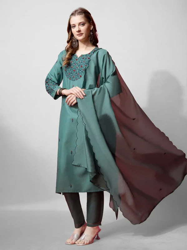 NOZ2TOZ Womens Teal Embroidered Cotton Blend Kurta Pant Set With Dupatta Soft Stretch Leggings NOZ2TOZ Womens Teal Embroidered Cotton Blend Kurta Pant Set With Dupatta Soft Stretch Leggings