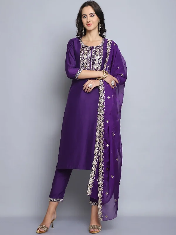 Indian Fashion Women Purple Embroidery silk Kurta And Pant Set With Dupatta Casual Yoga Pants Indian Fashion Women Purple Embroidery silk Kurta And Pant Set With Dupatta Casual Yoga Pants