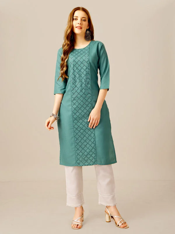NOZ2TOZ Women Embroidered Cotton Blend Kurta Pant Set - Green Formal Wide-Leg Pants