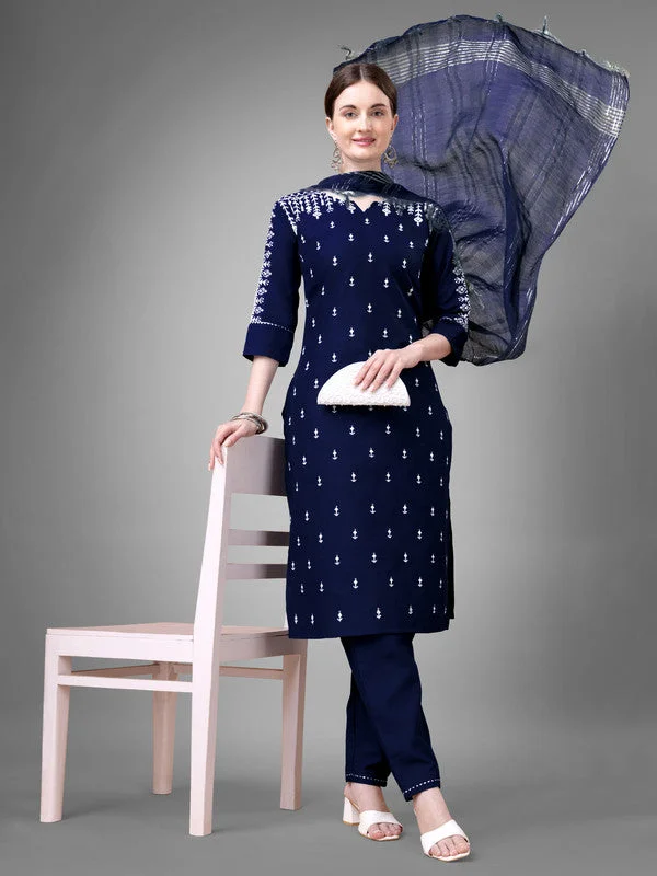 NOZ2TOZ Women Embroidered Cotton Blend Kurta Pant Dupatta Set - Dark Blue Comfy Athletic Pants NOZ2TOZ Women Embroidered Cotton Blend Kurta Pant Dupatta Set - Dark Blue Comfy Athletic Pants